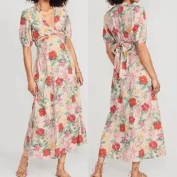 Old Navy Dresses & Skirts - Old Navy Floral Wrap Midi Dress Womens Large Linen Blend Cottage Core Boho